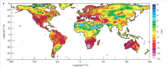 Predicted changes in soil moisture globally for 1980–2080 (black dots are where 9 out of 11 models agree on data) (from paper)